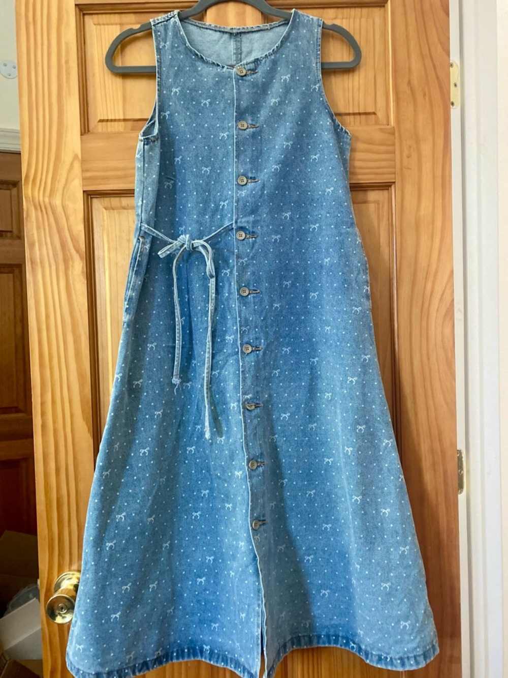 Dazy Bow Print Denim Midi Dress Button Front Tie Waist A-Line Pockets S